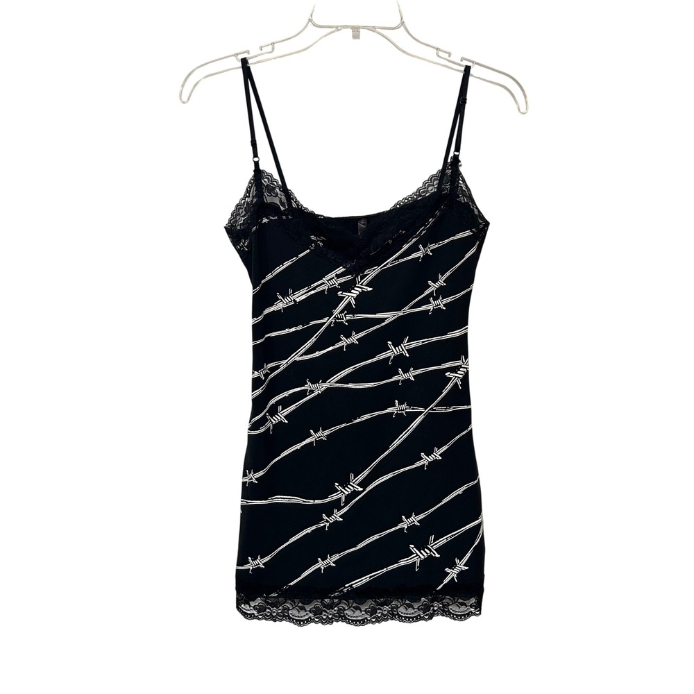 VTG Body Rage Black Barbed Wire Print Lace Trim Cami Tank Top True Y2K Grunge